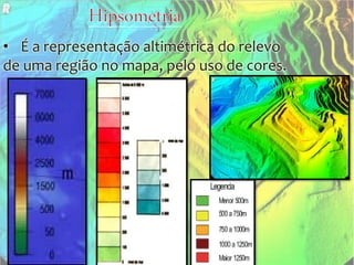 • É a representação altimétrica do relevo
de uma região no mapa, pelo uso de cores.