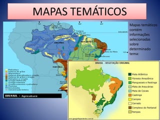 Mapas temáticos
contém
informações
selecionadas
sobre
determinado
tema:
 