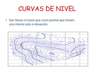 CURVAS DE NIVEL
• Son líneas o trazos que unen puntos que tienen
  una misma cota o elevación.
 