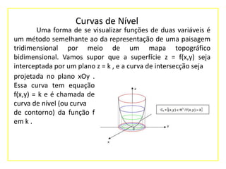 Curvas de Nível
Uma forma de se visualizar funções de duas variáveis é
um método semelhante ao da representação de uma paisagem
tridimensional por meio de um mapa topográfico
bidimensional. Vamos supor que a superfície z = f(x,y) seja
interceptada por um plano z = k , e a curva de intersecção seja
projetada no plano xOy .
Essa curva tem equação
f(x,y) = k e é chamada de
curva de nível (ou curva
de contorno) da função f
em k .

 