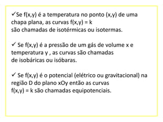 Se f(x,y) é a temperatura no ponto (x,y) de uma
chapa plana, as curvas f(x,y) = k
são chamadas de isotérmicas ou isotermas.
 Se f(x,y) é a pressão de um gás de volume x e
temperatura y , as curvas são chamadas
de isobáricas ou isóbaras.
 Se f(x,y) é o potencial (elétrico ou gravitacional) na
região D do plano xOy então as curvas
f(x,y) = k são chamadas equipotenciais.

 