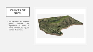 CURVAS DE
NÍVEL
• São recursos de desenho
gráfico capazes de
representar na planta o
relevo terrestre, ou seja, as
nuances do terreno.
 
