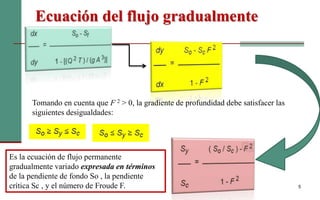 Ecuación del flujo gradualmente
variado
5
Tomando en cuenta que F 2 > 0, la gradiente de profundidad debe satisfacer las
siguientes desigualdades:
Es la ecuación de flujo permanente
gradualmente variado expresada en términos
de la pendiente de fondo So , la pendiente
crítica Sc , y el número de Froude F.
 