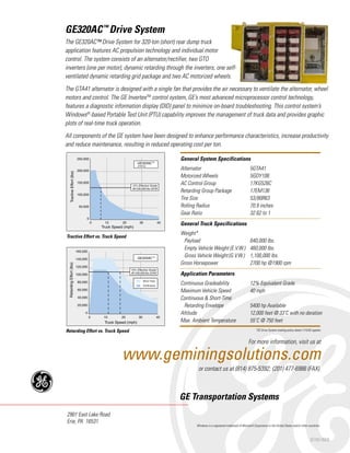 GE320AC™
Drive System
The GE320AC™ Drive System for 320-ton (short) rear dump truck
application features AC propulsion technology and individual motor
control. The system consists of an alternator/rectifier, two GTO
inverters (one per motor), dynamic retarding through the inverters, one self-
ventilated dynamic retarding grid package and two AC motorized wheels.
The GTA41 alternator is designed with a single fan that provides the air necessary to ventilate the alternator, wheel
motors and control. The GE InvertexTM
control system, GE’s most advanced microprocessor control technology,
features a diagnostic information display (DID) panel to minimize on-board troubleshooting. This control system’s
Windows®
-based Portable Test Unit (PTU) capability improves the management of truck data and provides graphic
plots of real-time truck operation.
All components of the GE system have been designed to enhance performance characteristics, increase productivity
and reduce maintenance, resulting in reduced operating cost per ton.
GE Transportation Systems
2901 East Lake Road
Erie, PA 16531
General System Specifications
Alternator 5GTA41
Motorized Wheels 5GDY106
AC Control Group 17KG526C
Retarding Group Package 17EM136
Tire Size 53/80R63
Rolling Radius 70.9 inches
Gear Ratio 32.62 to 1
General Truck Specifications
Weight*
Payload 640,000 lbs.
Empty Vehicle Weight (E.V.W.) 460,000 lbs.
Gross Vehicle Weight(G.V.W.) 1,100,000 lbs.
Gross Horsepower 2700 hp @1900 rpm
Application Parameters
Continuous Gradeability 12% Equivalent Grade
Maximum Vehicle Speed 40 mph
Continuous & Short-Time
Retarding Envelope 5400 hp Available
Altitude 12,000 feet @ 33˚C with no deration
Max. Ambient Temperature 55˚C @ 750 feet
07/02-WEB
Tractive Effort vs. Truck Speed
Retarding Effort vs. Truck Speed
For more information, visit us at
www.geminingsolutions.com
or contact us at (814) 875-5392; (201) 477-6986 (FAX).
*GE Drive System loading policy dated 1/15/02 applies
Windows is a registered trademark of Microsoft Corporation in the United States and/or other countries.
 
