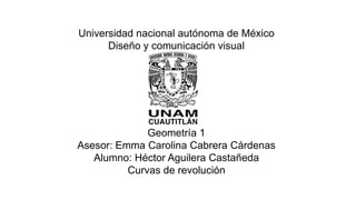 Universidad nacional autónoma de México
Diseño y comunicación visual
Geometría 1
Asesor: Emma Carolina Cabrera Cárdenas
Alumno: Héctor Aguilera Castañeda
Curvas de revolución
 