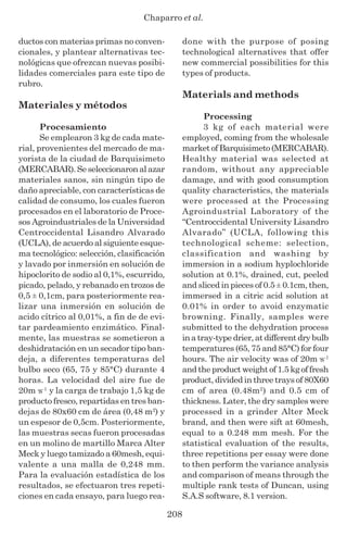 Chaparro et al.
208
ductos con materias primas no conven-
cionales, y plantear alternativas tec-
nológicas que ofrezcan nuevas posibi-
lidades comerciales para este tipo de
rubro.
Materiales y métodos
Procesamiento
Se emplearon 3 kg de cada mate-
rial, provenientes del mercado de ma-
yorista de la ciudad de Barquisimeto
(MERCABAR).Seseleccionaronalazar
materiales sanos, sin ningún tipo de
daño apreciable, con características de
calidad de consumo, los cuales fueron
procesados en el laboratorio de Proce-
sos Agroindustriales de la Universidad
Centroccidental Lisandro Alvarado
(UCLA), de acuerdo al siguiente esque-
ma tecnológico: selección, clasificación
y lavado por inmersión en solución de
hipoclorito de sodio al 0,1%, escurrido,
picado, pelado, y rebanado en trozos de
0,5 ± 0,1cm, para posteriormente rea-
lizar una inmersión en solución de
acido cítrico al 0,01%, a fin de de evi-
tar pardeamiento enzimático. Final-
mente, las muestras se sometieron a
deshidratación en un secador tipo ban-
deja, a diferentes temperaturas del
bulbo seco (65, 75 y 85°C) durante 4
horas. La velocidad del aire fue de
20m·s-1
y la carga de trabajo 1,5 kg de
producto fresco, repartidas en tres ban-
dejas de 80x60 cm de área (0,48 m2
) y
un espesor de 0,5cm. Posteriormente,
las muestras secas fueron procesadas
en un molino de martillo Marca Alter
Meck y luego tamizado a 60mesh, equi-
valente a una malla de 0,248 mm.
Para la evaluación estadística de los
resultados, se efectuaron tres repeti-
ciones en cada ensayo, para luego rea-
done with the purpose of posing
technological alternatives that offer
new commercial possibilities for this
types of products.
Materials and methods
Processing
3 kg of each material were
employed, coming from the wholesale
marketofBarquisimeto(MERCABAR).
Healthy material was selected at
random, without any appreciable
damage, and with good consumption
quality characteristics, the materials
were processed at the Processing
Agroindustrial Laboratory of the
“Centroccidental University Lisandro
Alvarado” (UCLA, following this
technological scheme: selection,
classification and washing by
immersion in a sodium hyplochloride
solution at 0.1%, drained, cut, peeled
and sliced in pieces of 0.5 ± 0.1cm, then,
immersed in a citric acid solution at
0.01% in order to avoid enzymatic
browning. Finally, samples were
submitted to the dehydration process
inatray-typedrier,atdifferentdrybulb
temperatures (65, 75 and 85°C) for four
hours. The air velocity was of 20m·s-1
andtheproductweightof1.5kgoffresh
product, divided in three trays of 80X60
cm of area (0.48m2
) and 0.5 cm of
thickness. Later, the dry samples were
processed in a grinder Alter Meck
brand, and then were sift at 60mesh,
equal to a 0.248 mm mesh. For the
statistical evaluation of the results,
three repetitions per essay were done
to then perform the variance analysis
and comparison of means through the
multiple rank tests of Duncan, using
S.A.S software, 8.1 version.
 