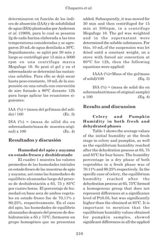 Chaparro et al.
210
determinaron en función de los índi-
ces de absorción (IAA) y de solubilidad
de agua (ISA) planteados por Anderson
et al. (1969), para lo cual se pesaron
2g de cada harina elaborada a las tres
temperaturas consideradas y se agre-
garon 20 mL de agua destilada a 30ºC.
Seguidamente, se agitó por 30 min y
luego se centrifugó por 15 min a 3000
rpm en una centrífuga marca
Megafuge 16. Se pesó el gel y en el
sobrenadante se determinó las sustan-
cias solubles. Para ello se dejó secar
hasta peso constante, 10 mL de la sus-
pensión en una estufa con convección
de aire forzado a 90ºC durante 12h
para luego aplicar las ecuaciones si-
guientes:
(Ec. 3)
(Ec. 4)
Resultados y discusión
Humedad del apio y auyama
en estado fresco y deshidratado
El cuadro 1 muestra los valores
promedios de las humedades iniciales
en estado fresco de las muestras de apio
y auyama, así como las humedades de
equilibrio alcanzadas luego del proce-
so de deshidratación a 65, 75 y 85°C
por cuatro horas. El porcentaje de hu-
medad en base seca de ambos vegeta-
les en estado fresco fue de 70,11% y
80,25%, respectivamente. En el caso
del apio, las humedades de equilibrio
alcanzadas después del proceso de des-
hidratación a 65 y 75ºC, formaron un
grupo homogéneo que no presentan
ISA (%) = (masa de sólid dis en
sobrenadante/masa de muestra origi-
nal) x 100
added. Subsequently, it was moved for
30 min and then centrifuged for 15
min at 300rpm, in a centrifuge
Megafuge 16. The gel was weighted
and in the supernatant were
determined the soluble substances. For
this, 10 mL of the suspension was let
dried until a constant weight, on a
stove with forced air convection at
90°C for 12h, then the following
equations were applied:
Results and discussion
Celery and Pumpkin
Humidity in both fresh and
dehydrated phases
Table 1 shows the average values
of the initial humidity at the fresh
stage in celery and pumpkin, as well
as the equilibrium humidity reached
after the dehydration process at 65, 75
and 85ºC for four hours. The humidity
percentage in a dry phase of both
vegetables in a fresh phase was of
70.11% and 80.25% respectively. In the
specific case of celery, the equilibrium
humidity reached after the
dehydration process at 65, 75ºC formed
a homogenous group that does not
represent differences at a significance
level of P≤0.05, but was significantly
higher than the obtained at 85ºC. It is
important to mention that the
equilibrium humidity values obtained
for pumpkin samples, showed
significant differences in all the applied
(Eq. 4)
ISA (%) = (masa de solid dis en
sobrenadant/mass of original sample)
x 100
IAA (%) = (masa del gel/masa del soli-
do) / 100
(Eq. 3)
IAAA (%)=Mass of the gel/mass
of solid)/100
 