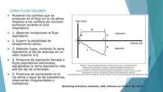 CURVA FLUJO VOLUMEN
 Muestran los cambios que se
producen en el flujo en la vía aérea
respecto a los cambios de volumen
pulmonar durante el ciclo
respiratorio
 1. Observar limitaciones al flujo
espiratorio.
 2. Sugerir la posibilidad de
atrapamiento aéreo.
 3. Detectar fugas, cortando la rama
espiratoria el eje de abscisas en un
valor superior a 0.
 4. Presencia de espiración forzada o
flujos espiratorios adicionales,
alargándose la rama espiratoria más
allá del eje de ordenadas.
 5. Presencia de secreciones en la
vía aérea o agua de las tubuladuras,
observando irregularidades o
melladuras.
Monitoring ventilatory mechanics, Med. Intensiva vol.30 no.9 dic. 2016
 