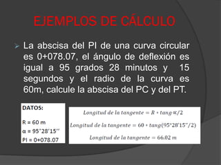 EJEMPLOS DE CÁLCULO
   La abscisa del PI de una curva circular
    es 0+078.07, el ángulo de deflexión es
    igual a 95 grados 28 minutos y 15
    segundos y el radio de la curva es
    60m, calcule la abscisa del PC y del PT.
 