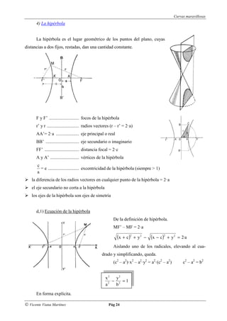 Curvas maravillosas
      4) La hipérbola


      La hipérbola es el lugar geométrico de los puntos del plano, cuyas
distancias a dos fijos, restadas, dan una cantidad constante.




      F y F’ .......................... focos de la hipérbola
      r’ y r ............................ radios vectores (r – r’ = 2·a)
      AA’= 2·a .................... eje principal o real
      BB’ ............................. eje secundario o imaginario
      FF’ .............................. distancia focal = 2·c
      A y A’ ......................... vértices de la hipérbola
       c
         = e ........................... excentricidad de la hipérbola (siempre > 1)
       a
    la diferencia de los radios vectores en cualquier punto de la hipérbola = 2·a
    el eje secundario no corta a la hipérbola
    los ejes de la hipérbola son ejes de simetría


      d,1) Ecuación de la hipérbola
                                                          De la definición de hipérbola.
                                                          MF’ – MF = 2·a

                                                             (x + c )2     + y2 −   (x − c)2   + y 2 = 2·a
                                                          Aislando uno de los radicales, elevando al cua-
                                                  drado y simplificando, queda.
                                                          (c2 – a2)·x2 – a2·y2 = a2·(c2 – a2)          c2 – a2 = b2


                                                     x 2 y2
                                                        − 2 =1
                                                     a2  b

      En forma explícita.

© Vicente Viana Martínez                               Pág 24
 