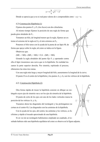 Curvas maravillosas
                                                  b
                                             y = ± · x2 − a2
                                                  a
      Donde se aprecia que y no es real para valores de x comprendidos entre – a y + a.


      d,2) Construcción Hipérbola (1)
      Fijamos dos puntos F1 y F2 (los focos) con dos chinchetas.
      Al mismo tiempo fijamos la posición de una regla de forma que
pueda girar alrededor de F1.
      Tomamos un hilo, de longitud menor que la regla, fijamos un ex-
tremo al extremo de la regla en S y el otro extremo en F2.
      Ponemos el hilo tenso con la ayuda de la punta de un lápiz M, de
forma que apoye sobre la regla, tal como se indica en la figura.
      Obsérvese que.
      (MF1 + MS) - (MF2 + MS) = F1S – (MF2 + MS)
      Girando la regla alrededor del punto fijo F1 y apretando contra
ella el lápiz trazaremos una curva que es la hipérbola. En realidad tra-
zamos la parte superior derecha. Por simetría, repitiendo el proceso,
obtenemos las otras tres ramas.
      Con una regla más larga y mayor longitud del hilo, aumentamos la longitud de la curva.
      El punto O es el centro de la hipérbola y los puntos A1 y A2 son los vértices de la hipérbola.


      d,2) Construcción Hipérbola (2)


      Otra forma rápida de trazar la hipérbola consiste en dibujar un rec-
tángulo cuyos ejes de simetría van a ser los ejes de simetría de la hipérbola.
      El punto de corte de los ejes con uno de los lados verticales marca la
posición de los vértices A1 y A2.
      Trazamos ahora las diagonales del rectángulo y las prolongamos (se
cortan en el centro O). Las diagonales son las asíntotas de la hipérbola.
      Con la ayuda de los ejes, del centro, las asíntotas y los vértices, es fa-
cilísimo y rápido el trazado aproximado de una hipérbola.
      Si en vez de un rectángulo hubiésemos empleado un cuadrado, el re-
sultado hubiera sido una hipérbola equilátera tal como se observa en la figura adjunta.




© Vicente Viana Martínez                       Pág 25
 
