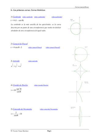 Curvas maravillosas
6.- Las primeras curvas. Curvas históricas


1) Cardioide vídeo cardioide video cardioide2              videocardioide3

r = 4·(1 – cos θ)

La cardioide es la más sencilla de las epicicloides: es la curva
descrita por un punto de una circunferencia que rueda sin deslizar
alrededor de otra circunferencia de igual radio.




2) Caracol de Pascal
r = 4·cos θ - 3         video caracol Pascal     video caracol Pascal2




3) Astroide             video astroide
  2       2     2
x 3 + y3 = a 3




4) Cisoide de Diocles           video cisoide Diocles

          sen 2 θ
r = 10·
           cos θ




5) Concoide de Nicomedes                 video concoide Nicomedes

        2
r=          − 10
      cos θ




© Vicente Viana Martínez                           Pág 6
 