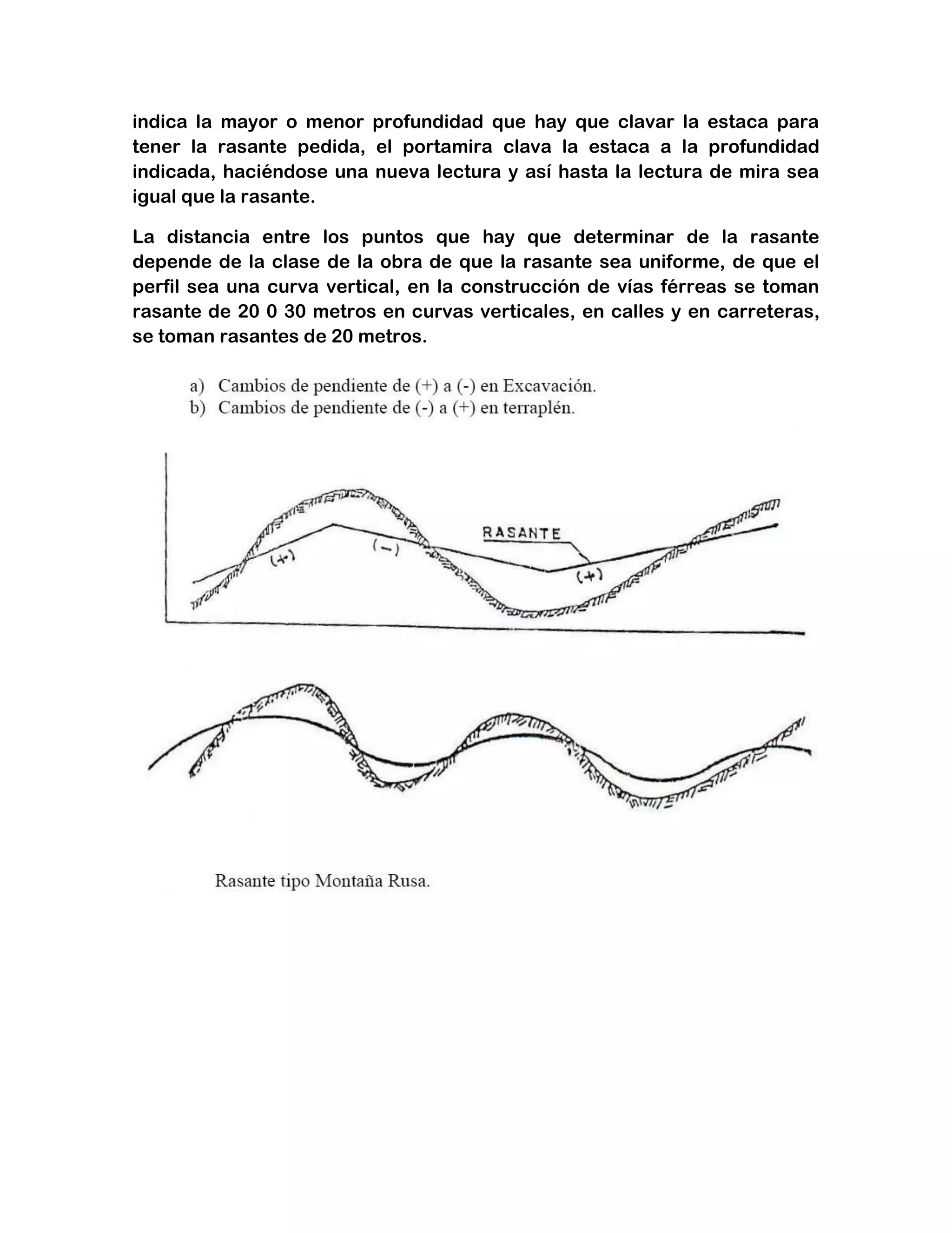 indica la mayor o menor profundidad que hay que clavar la estaca para
tener la rasante pedida, el portamira clava la estaca a la profundidad
indicada, haciéndose una nueva lectura y así hasta la lectura de mira sea
igual que la rasante.

La distancia entre los puntos que hay que determinar de la rasante
depende de la clase de la obra de que la rasante sea uniforme, de que el
perfil sea una curva vertical, en la construcción de vías férreas se toman
rasante de 20 0 30 metros en curvas verticales, en calles y en carreteras,
se toman rasantes de 20 metros.
 