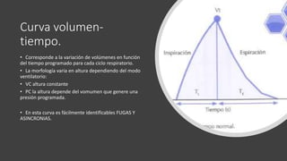 Curva volumen-
tiempo.
• Corresponde a la variación de volúmenes en función
del tiempo programado para cada ciclo respiratorio.
• La morfología varia en altura dependiendo del modo
ventilatorio:
• VC altura constante
• PC la altura depende del vomumen que genere una
presión programada.
• En esta curva es fácilmente identificables FUGAS Y
ASINCRONIAS.
 