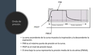 Onda de
presión.
• La zona ascendente de la curva muestra la inspiración y la descendente la
espiración.
• PIM es el máximo punto de presión en la curva.
• PEEP es el nivel de presión basal.
• El área bajo la curva representa la presión media de la vía aérea (PMVA).
 