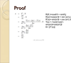 Proof R(θ )=rcosθ  I  + rsinθ  j R(s)=rcos(s/r) I  + rsin (s/r)  j R’(s)=-sin(s/r) I  + cos (s/r)  J T(s) = r’(s)/||r’(s)||=-sin(s/r) i +cos(s/r) J K= ||T’(s)|| 