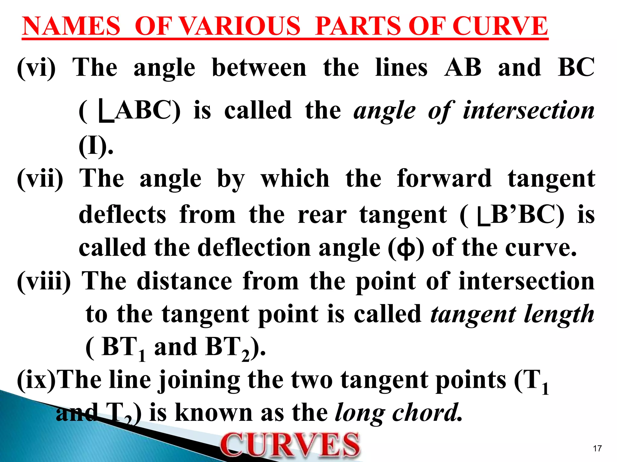 NAMES OF VARIOUS PARTS OF CURVE
(vi) The angle between the lines AB and BC
(
└ABC) is called the angle of intersection
(I).
(vii) The angle by which the forward tangent
deflects from the rear tangent (└B’BC) is
called the deflection angle (φ) of the curve.
(viii) The distance from the point of intersection
to the tangent point is called tangent length
( BT1 and BT2).
(ix)The line joining the two tangent points (T1
and T2) is known as the long chord.
17
 