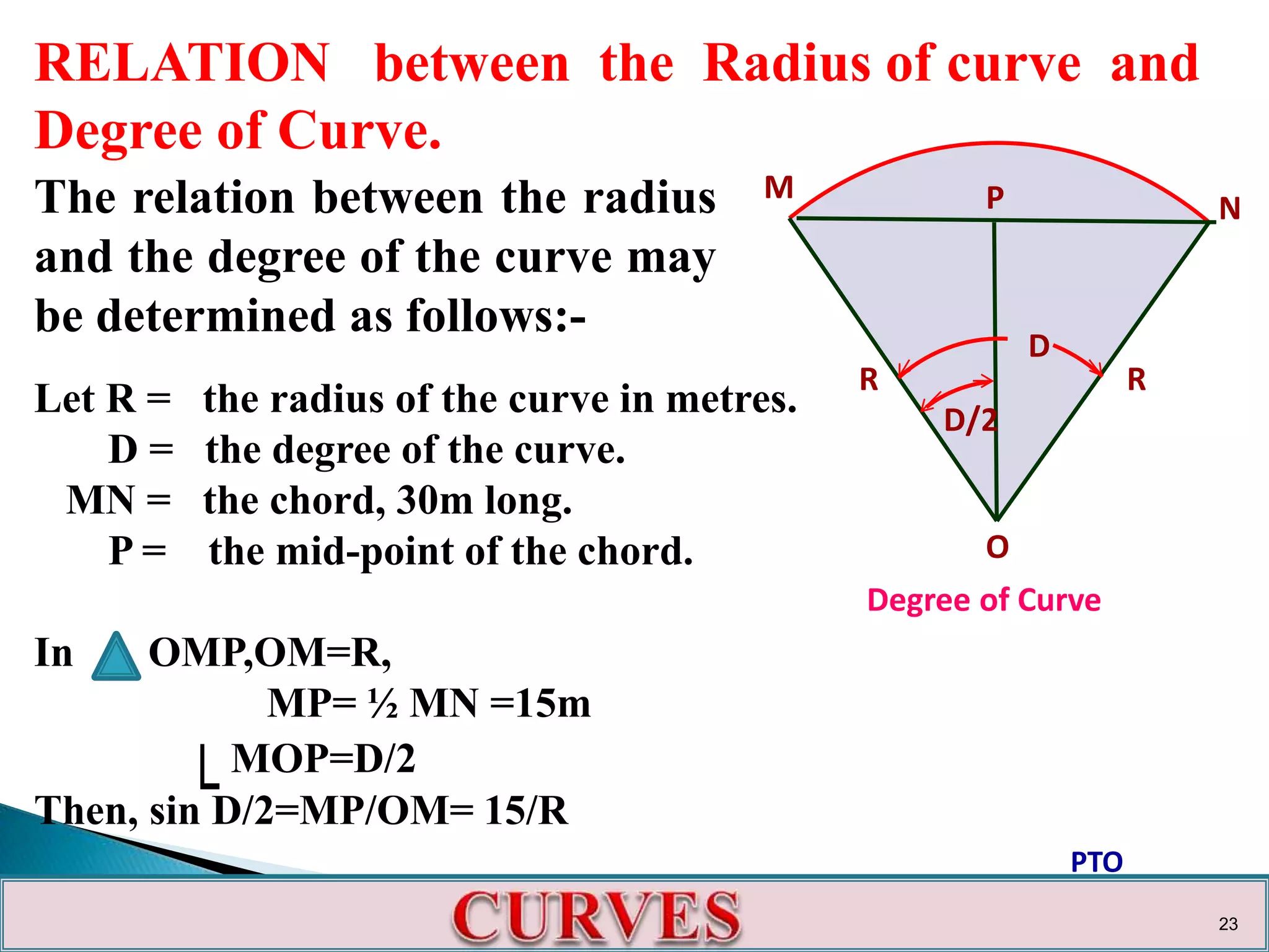 RELATION between the Radius of curve and
Degree of Curve.
The relation between the radius
and the degree of the curve may
be determined as follows:-
Let R = the radius of the curve in metres.
D = the degree of the curve.
MN = the chord, 30m long.
P = the mid-point of the chord.
In OMP,OM=R,
MP= ½ MN =15m
MOP=D/2
Then, sin D/2=MP/OM= 15/R
M
N
O
D
D/2
R R
Degree of Curve
P
PTO
23
 