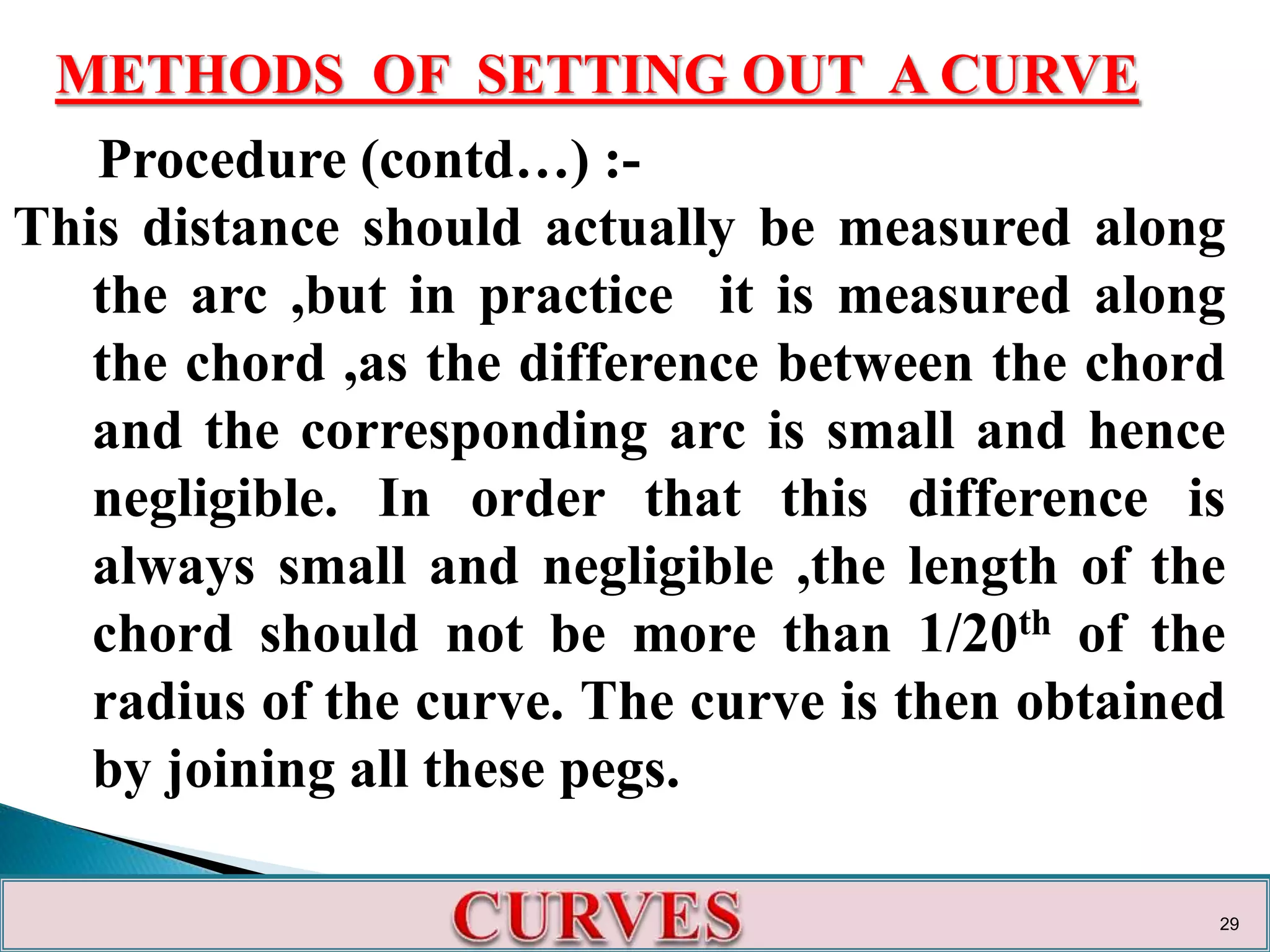 METHODS OF SETTING OUT A CURVE
Procedure (contd…) :-
This distance should actually be measured along
the arc ,but in practice it is measured along
the chord ,as the difference between the chord
and the corresponding arc is small and hence
negligible. In order that this difference is
always small and negligible ,the length of the
chord should not be more than 1/20th of the
radius of the curve. The curve is then obtained
by joining all these pegs.
29
 