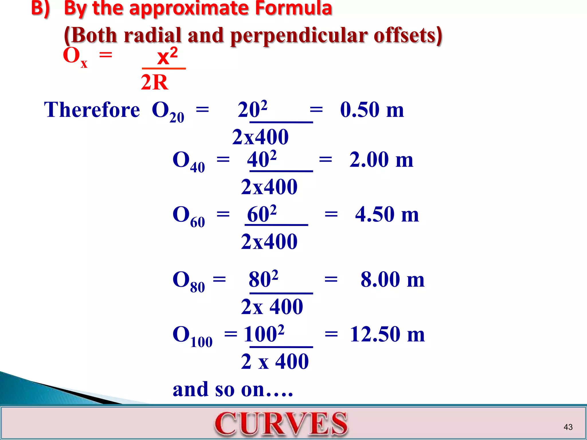 B) By the approximate Formula
(Both radial and perpendicular offsets)
Ox =
2R
Therefore O20 = 202 = 0.50 m
2x400
x2
O40 = 402 = 2.00 m
2x400
O60 = 602 = 4.50 m
2x400
O80 = 802 = 8.00 m
2x 400
O100 = 1002 = 12.50 m
2 x 400
and so on….
43
 