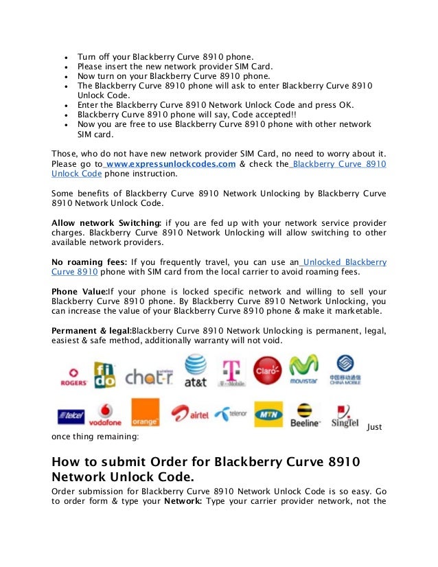 Blackberry Curve 8910 Network Unlock Code