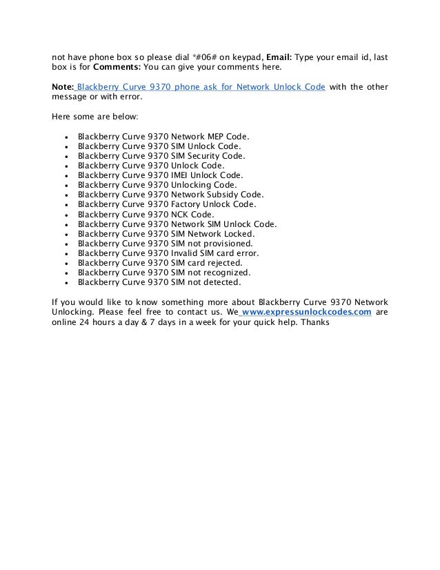 Blackberry Curve 9370 Network Unlock Code