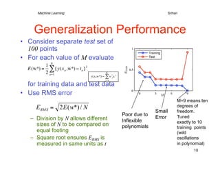 Machine Learning        
               
            
       
       
Srihari




         Generalization Performance
    •  Consider separate test set of
       100 points
    •  For each value of M evaluate
             1 N
      E(w*) = ∑{y(x n ,w*) − t n }2
             2 n=1                                M
                                      y(x,w*) = ∑ w *j x j
                                                 j= 0

       for training data and test data
€   •  Use RMS error €
                                                                                      M=9 means ten
                                                                                      degrees of
                                                                           Small      freedom.
                                                             Poor due to              Tuned
       –  Division by N allows different                                   Error
                                                             Inflexible               exactly to 10
          sizes of N to be compared on                       polynomials              training points
          equal footing                                                               (wild
       –  Square root ensures ERMS is                                                 oscillations
          measured in same units as t                                                 in polynomial)
                                                                                              10
 