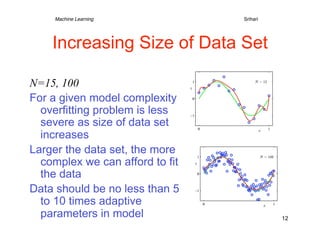 Machine Learning   
   
    
   
   
Srihari




    Increasing Size of Data Set

N=15, 100
For a given model complexity
  overfitting problem is less
  severe as size of data set
  increases
Larger the data set, the more
  complex we can afford to fit
  the data
Data should be no less than 5
  to 10 times adaptive
  parameters in model                               12
 