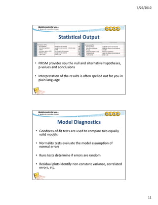 3/29/2010
11
Statistical Output
• PRISM provides you the null and alternative hypotheses, 
p‐values and conclusions
• Interpretation of the results is often spelled out for you in 
plain language
Model Diagnostics
• Goodness‐of‐fit tests are used to compare two equally 
lid d lvalid models
• Normality tests evaluate the model assumption of 
normal errors
• Runs tests determine if errors are random
• Residual plots identify non‐constant variance, correlated 
errors, etc.
 