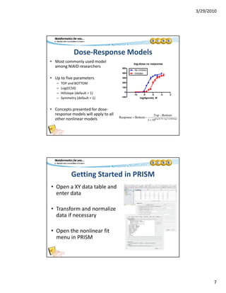 3/29/2010
7
Dose‐Response Models
• Most commonly used model 
among NIAID researchers
log-dose vs response
500
• Up to five parameters
– TOP and BOTTOM
– Log(EC50)
– Hillslope (default = 1)
– Symmetry (default = 1)
-10 -8 -6 -4 -2
-100
0
100
200
300
400
500
No inhibitor
Inhibitor
log[Agonist], M
• Concepts presented for dose‐
response models will apply to all 
other nonlinear models Response  Bottom
Top  Bottom
110 logEC50logX Hillslope
Getting Started in PRISM
• Open a XY data table and 
enter data
• Transform and normalize 
data if necessary
• Open the nonlinear fit 
menu in PRISM
 