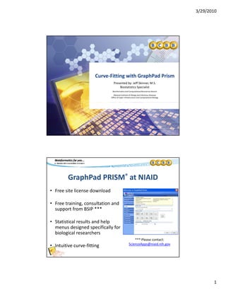 3/29/2010
1
CurveCurve‐‐Fitting with Fitting with GraphPadGraphPad PrismPrism
Presented by: Jeff Skinner, M.S.
Biostatistics Specialist
Bioinformatics and Computational Biosciences Branch
National Institute of Allergy and Infectious Diseases 
Office of Cyber Infrastructure and Computational Biology
GraphPad PRISM® at NIAID
• Free site license download• Free site license download
• Free training, consultation and 
support from BSIP ***
• Statistical results and help p
menus designed specifically for 
biological researchers 
• Intuitive curve‐fitting
*** Please contact:
ScienceApps@niaid.nih.gov
 