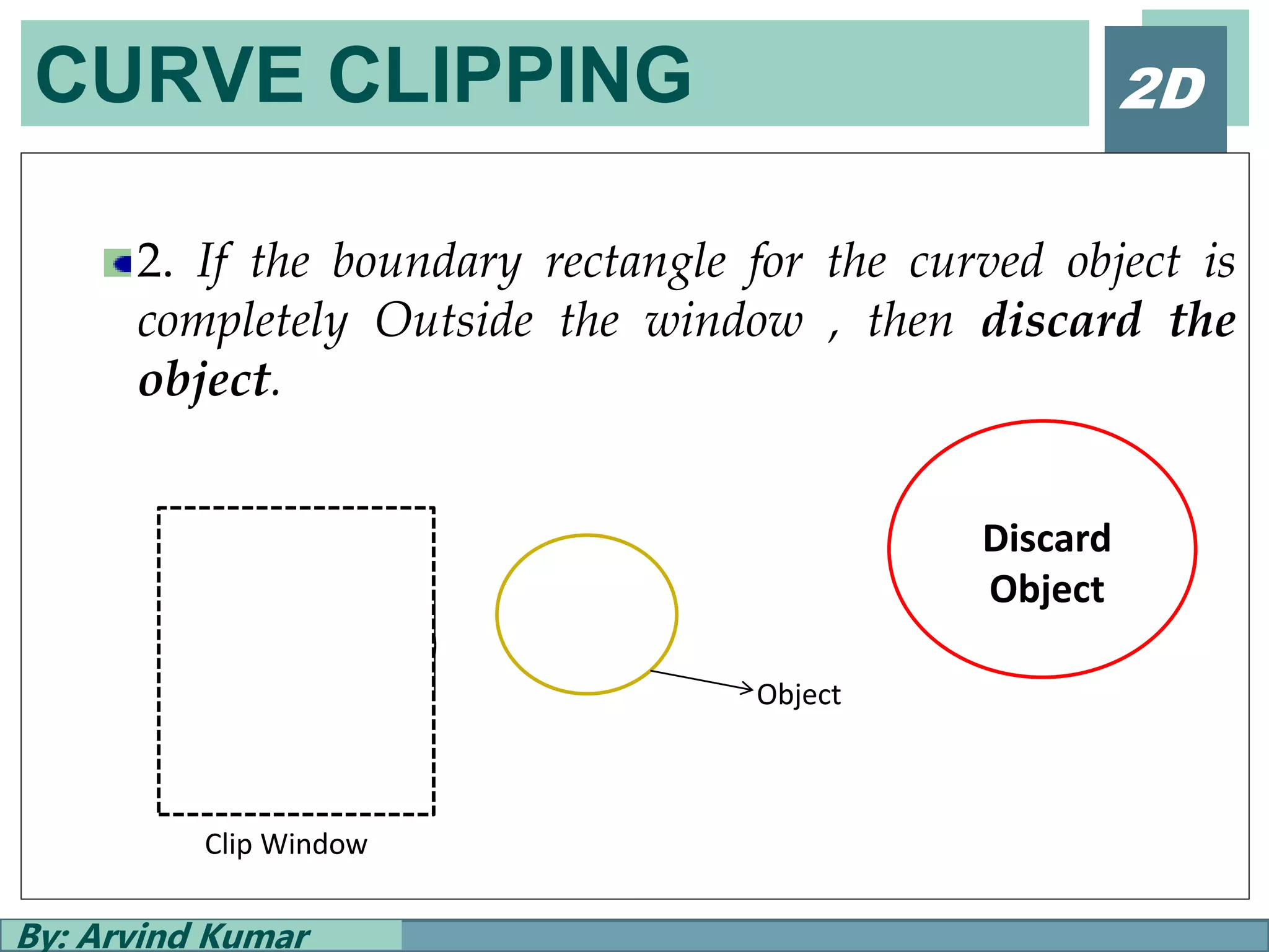 CURVE CLIPPING
By: Arvind Kumar
2D
2. If the boundary rectangle for the curved object is
completely Outside the window , then discard the
object.
Clip Window
Object
Discard
Object
 