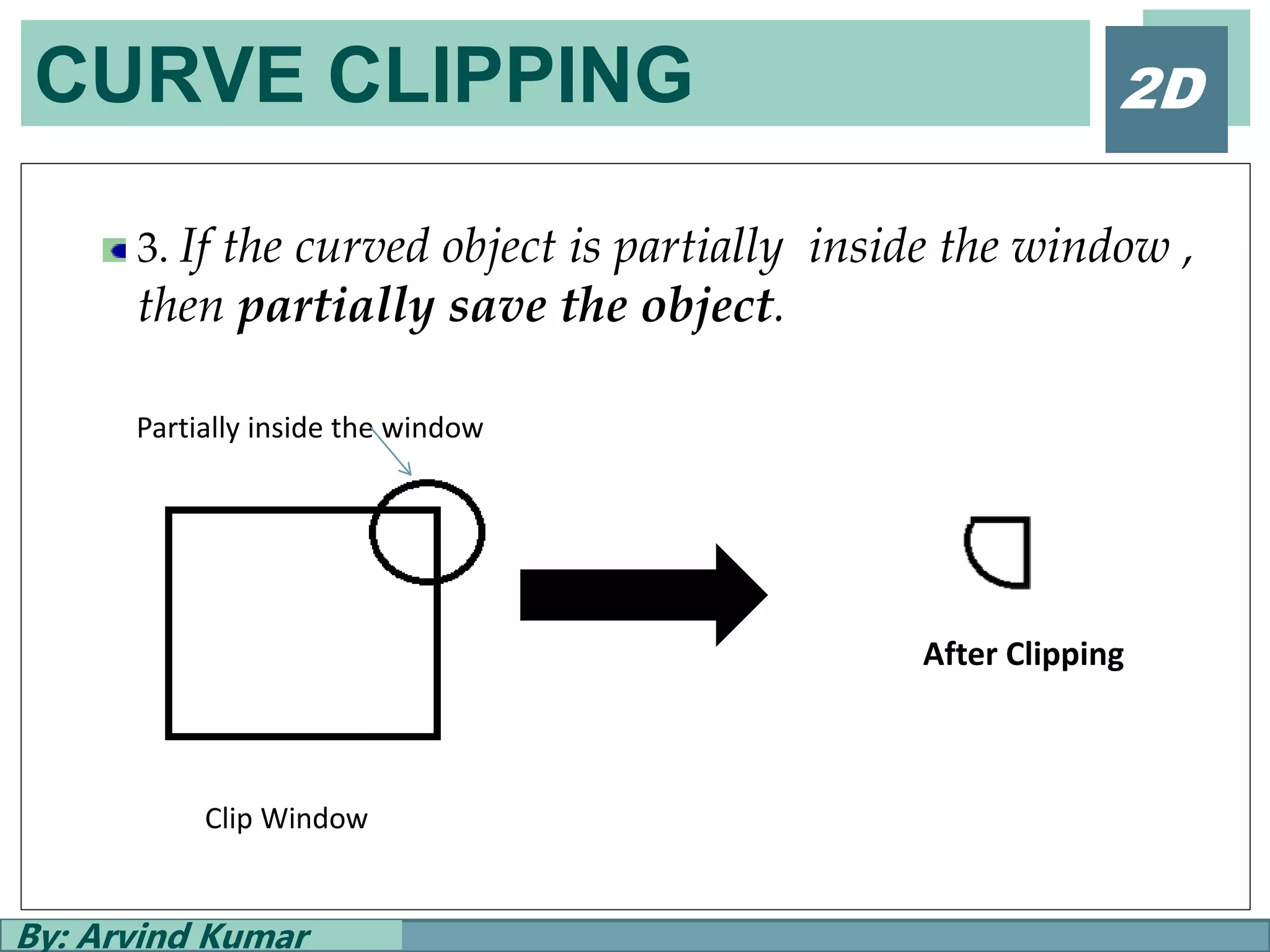 CURVE CLIPPING
By: Arvind Kumar
2D
3. If the curved object is partially inside the window ,
then partially save the object.
Clip Window
Partially inside the window
After Clipping
 