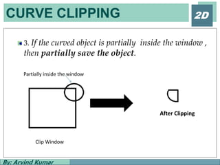 CURVE CLIPPING
By: Arvind Kumar
2D
3. If the curved object is partially inside the window ,
then partially save the object.
Clip Window
Partially inside the window
After Clipping
 
