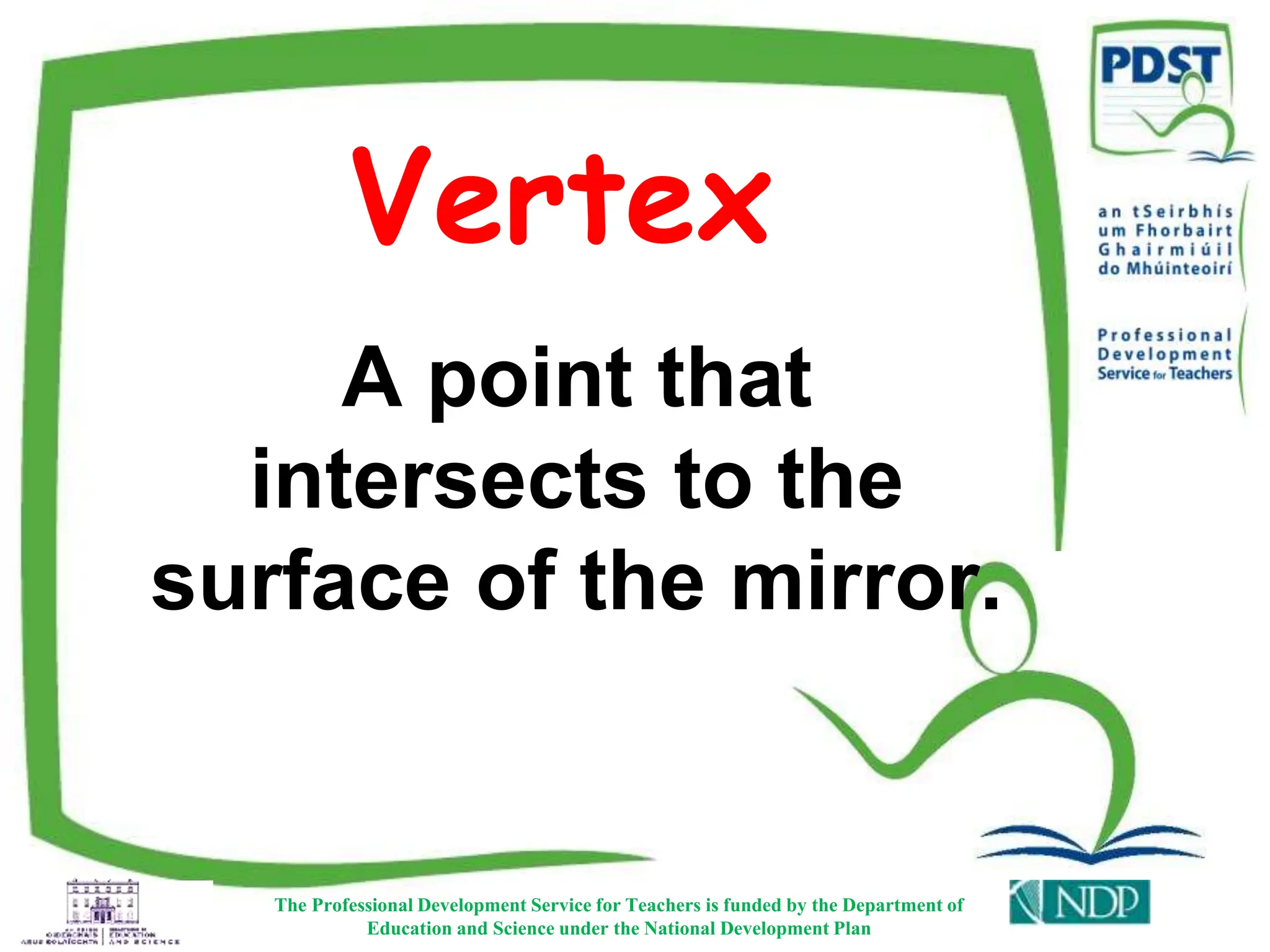 Vertex
The Professional Development Service for Teachers is funded by the Department of
Education and Science under the National Development Plan
A point that
intersects to the
surface of the mirror.
 