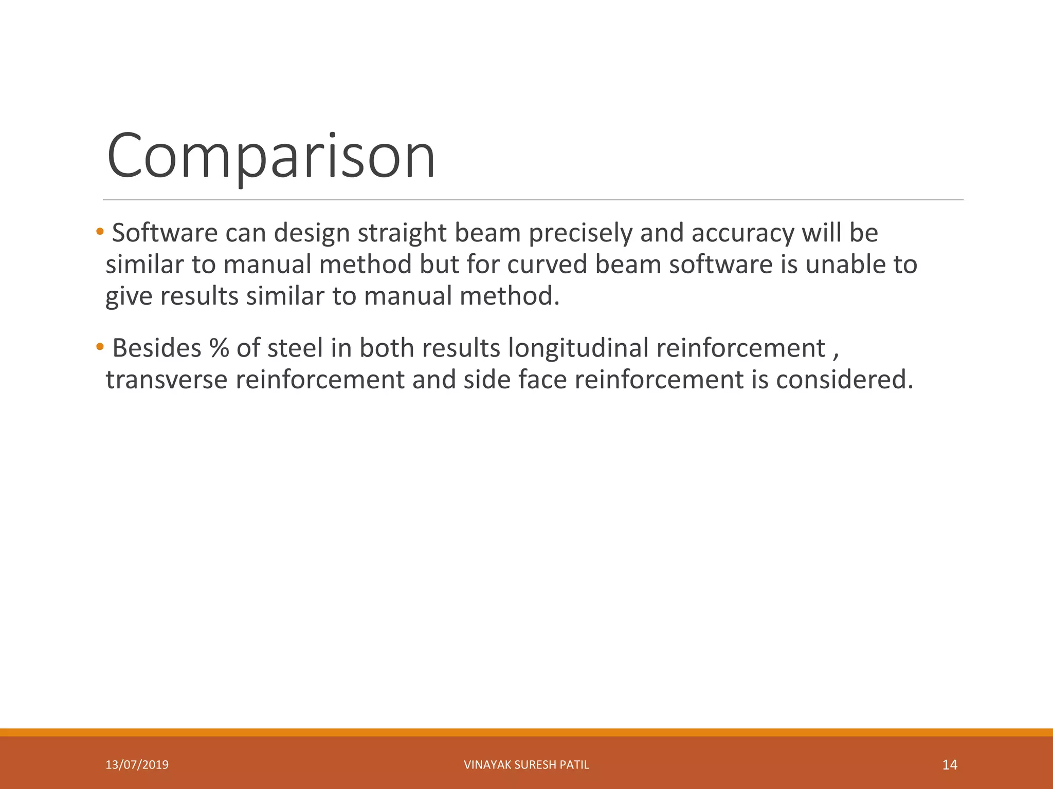 Comparison
• Software can design straight beam precisely and accuracy will be
similar to manual method but for curved beam software is unable to
give results similar to manual method.
• Besides % of steel in both results longitudinal reinforcement ,
transverse reinforcement and side face reinforcement is considered.
13/07/2019 VINAYAK SURESH PATIL 14
 