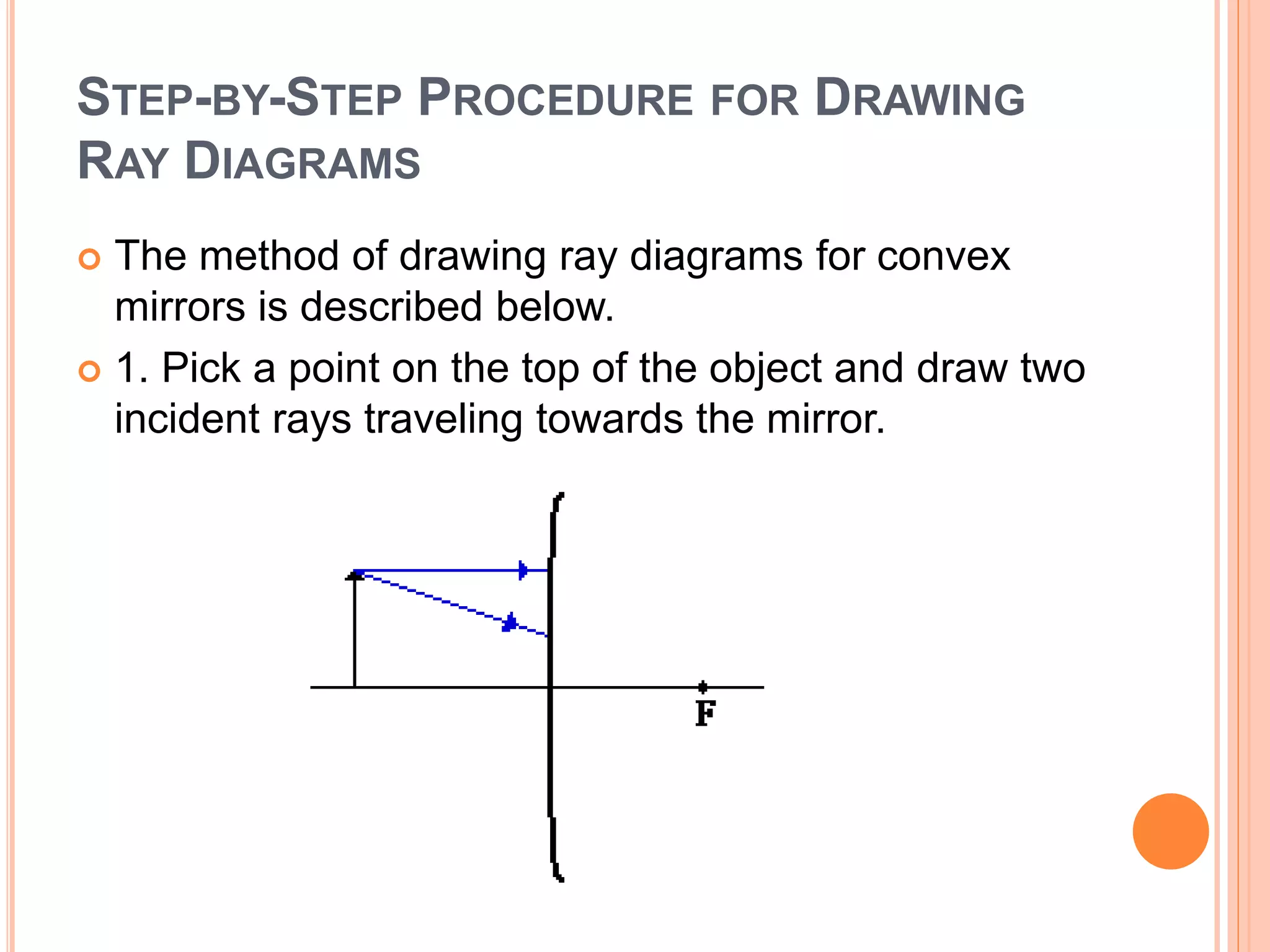 STEP-BY-STEP PROCEDURE FOR DRAWING
RAY DIAGRAMS
 The method of drawing ray diagrams for convex
mirrors is described below.
 1. Pick a point on the top of the object and draw two
incident rays traveling towards the mirror.
 