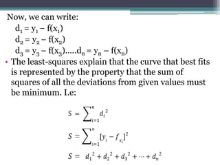 Now, we can write:
d1 = y1 − f(x1)
d2 = y2 − f(x2)
d3 = y3 − f(x3)…..dn = yn – f(xn)
• The least-squares explain that the curve that best fits
is represented by the property that the sum of
squares of all the deviations from given values must
be minimum. I.e:
 