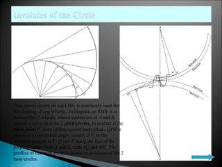 This curve, shown on top LHS, is commonly used for 
the shaping of cog-wheels. In diagram on RHS, it is 
desired that 2 wheels, whose centers are at A and B, 
should revolve as if the 2 pitch-circles, in contact at the 
pitch-point P, were rolling against each other. QPR is 
drawn at a convenient angle, usually 20°, to the 
common tangent at P; Q and R being the feet of the 
perpendiculars from A and B, radii AQ and BR. The 
profiles of the teeth are then drawn as involutes of the 2 
base-circles. 
 