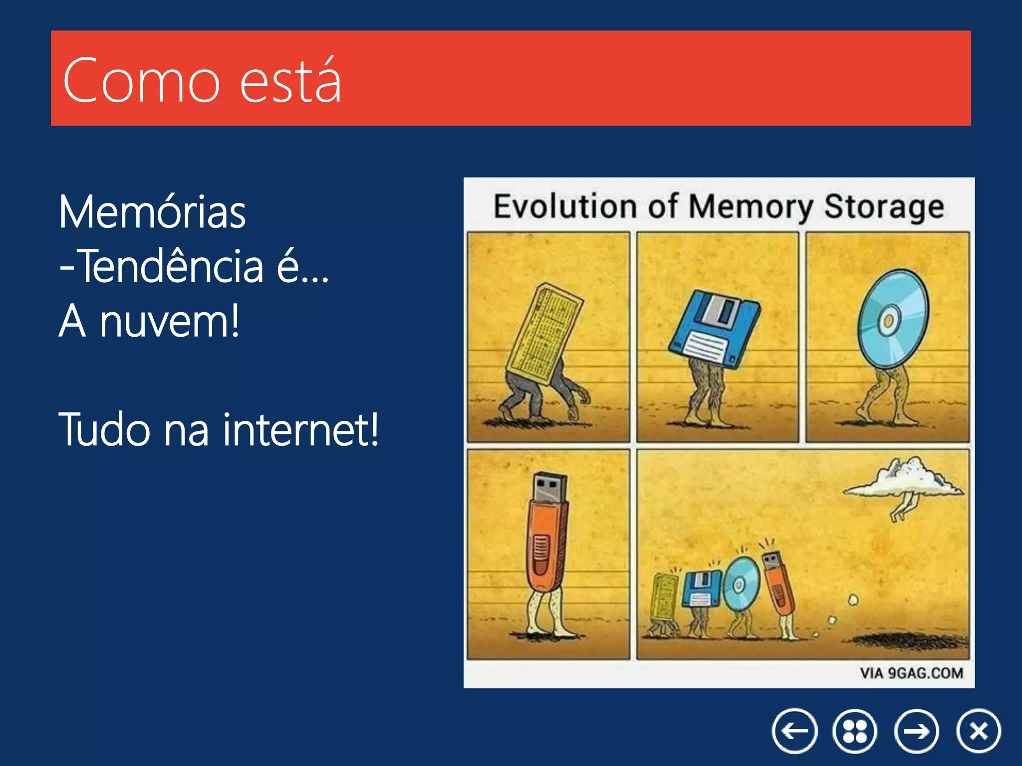 Como está
Memórias
-Tendência é...
A nuvem!
Tudo na internet!
 