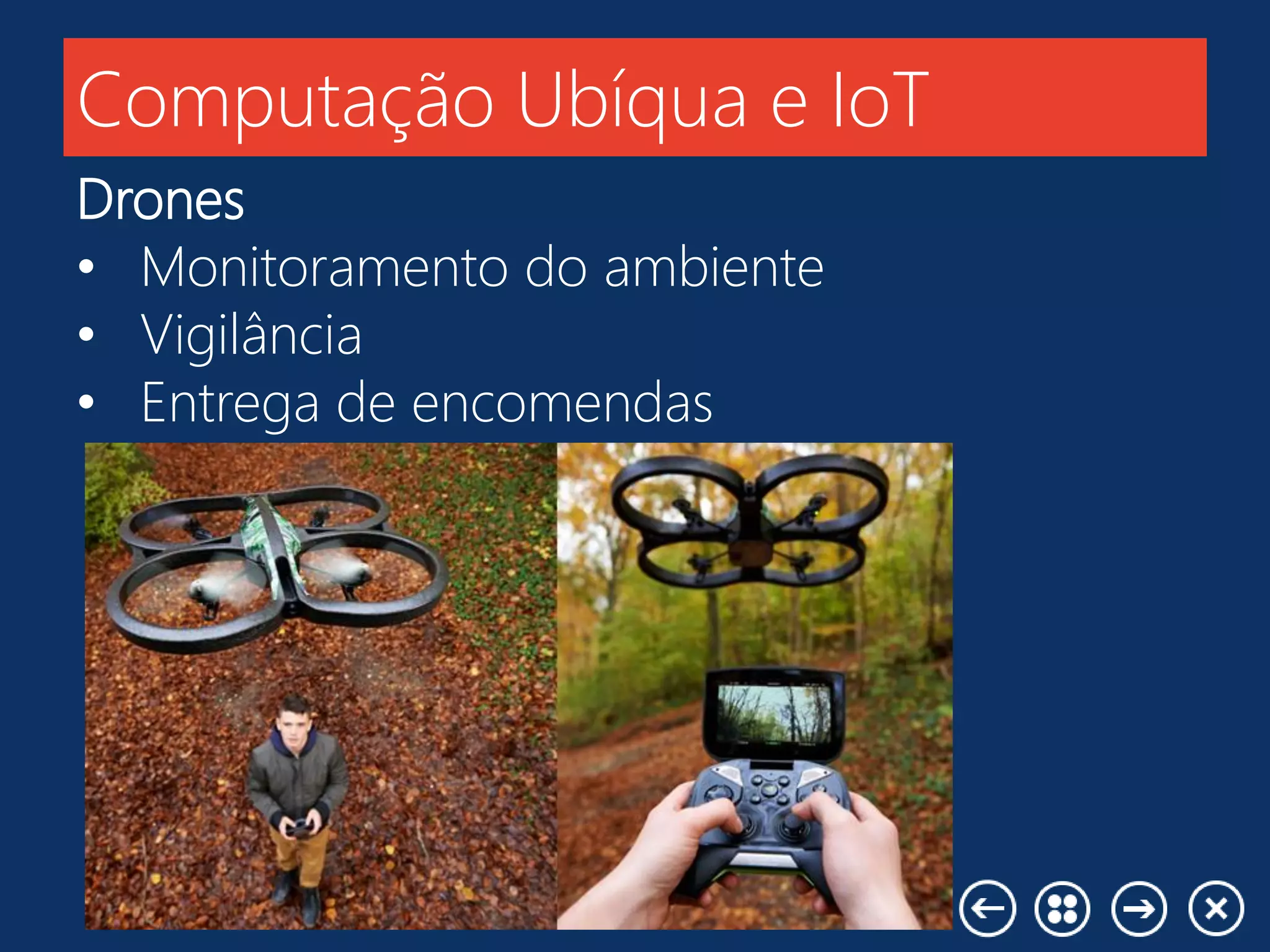Computação Ubíqua e IoT
Drones
• Monitoramento do ambiente
• Vigilância
• Entrega de encomendas
 