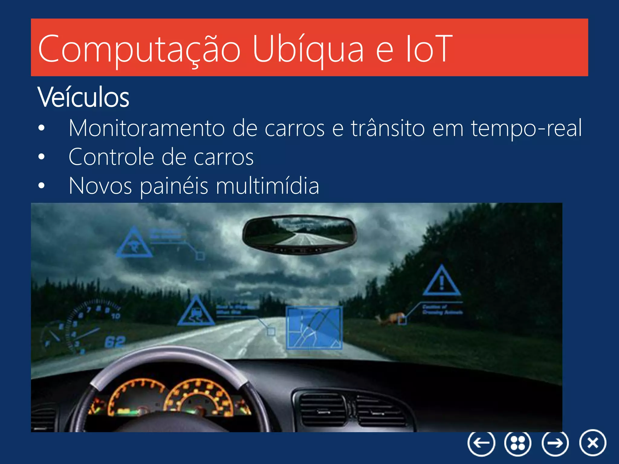 Computação Ubíqua e IoT
Veículos
• Monitoramento de carros e trânsito em tempo-real
• Controle de carros
• Novos painéis multimídia
 