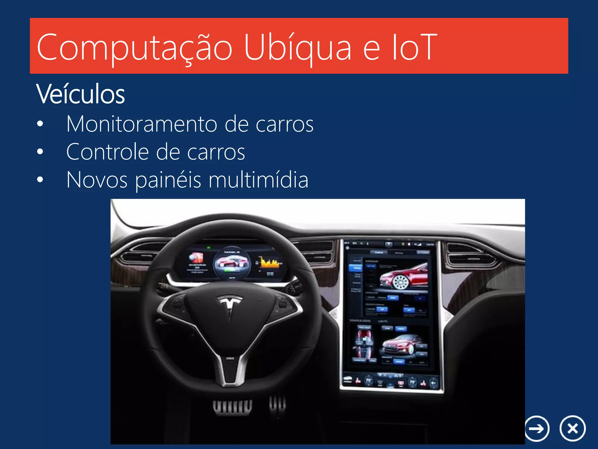 Computação Ubíqua e IoT
Veículos
• Monitoramento de carros
• Controle de carros
• Novos painéis multimídia
 