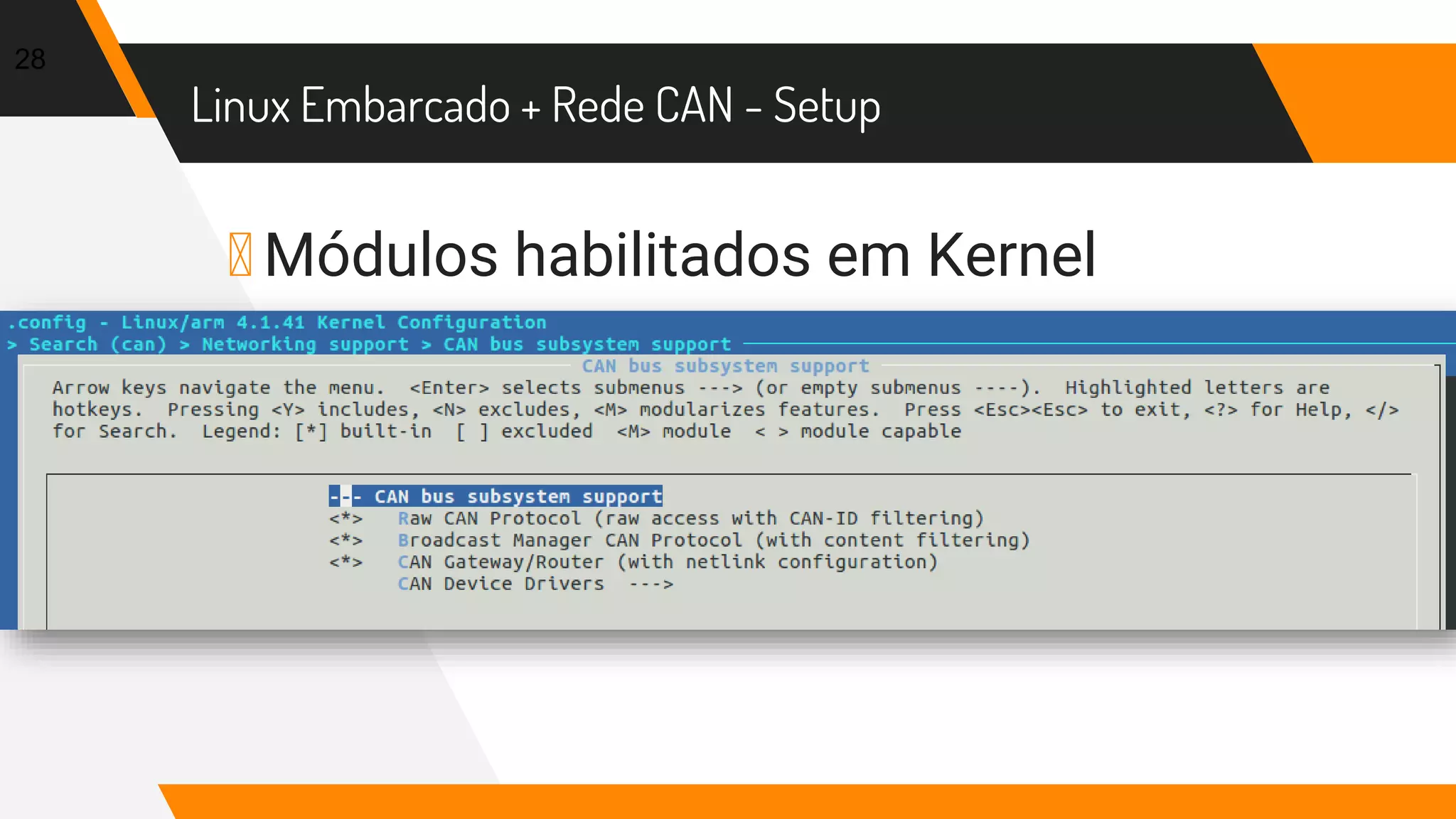 Linux Embarcado + Rede CAN - Setup
▸ Módulos habilitados em Kernel
28
 