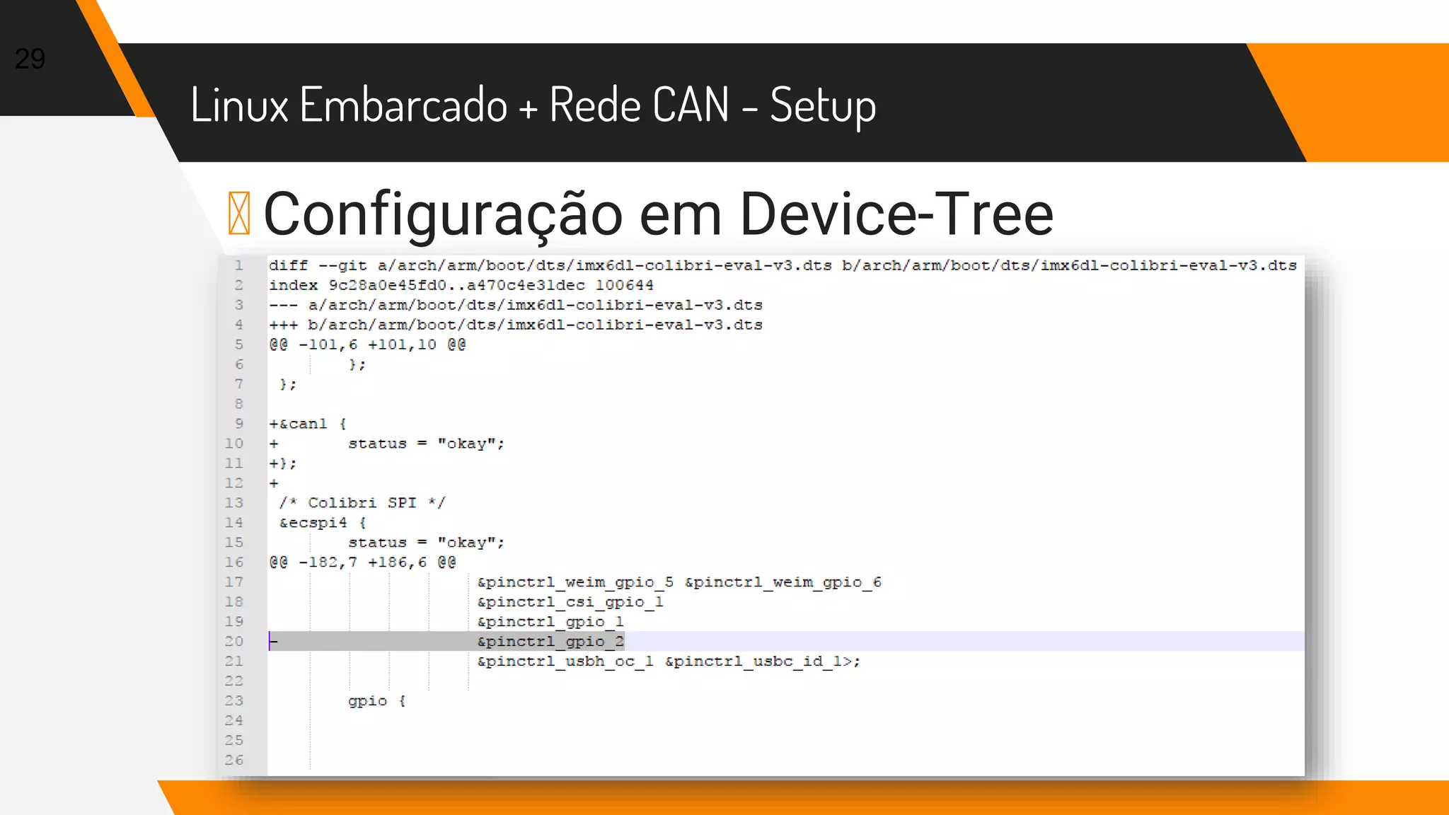 Linux Embarcado + Rede CAN - Setup
▸ Configuração em Device-Tree
29
 