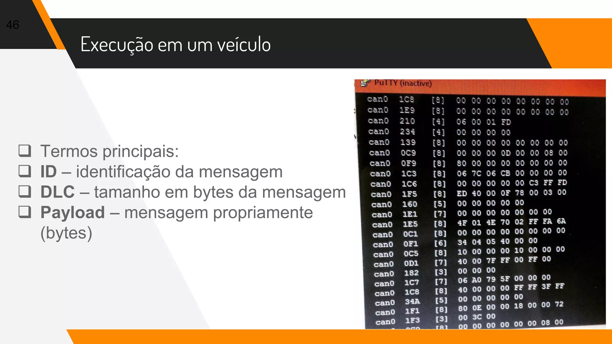 Execução em um veículo
46
 Termos principais:
 ID – identificação da mensagem
 DLC – tamanho em bytes da mensagem
 Payload – mensagem propriamente
(bytes)
 