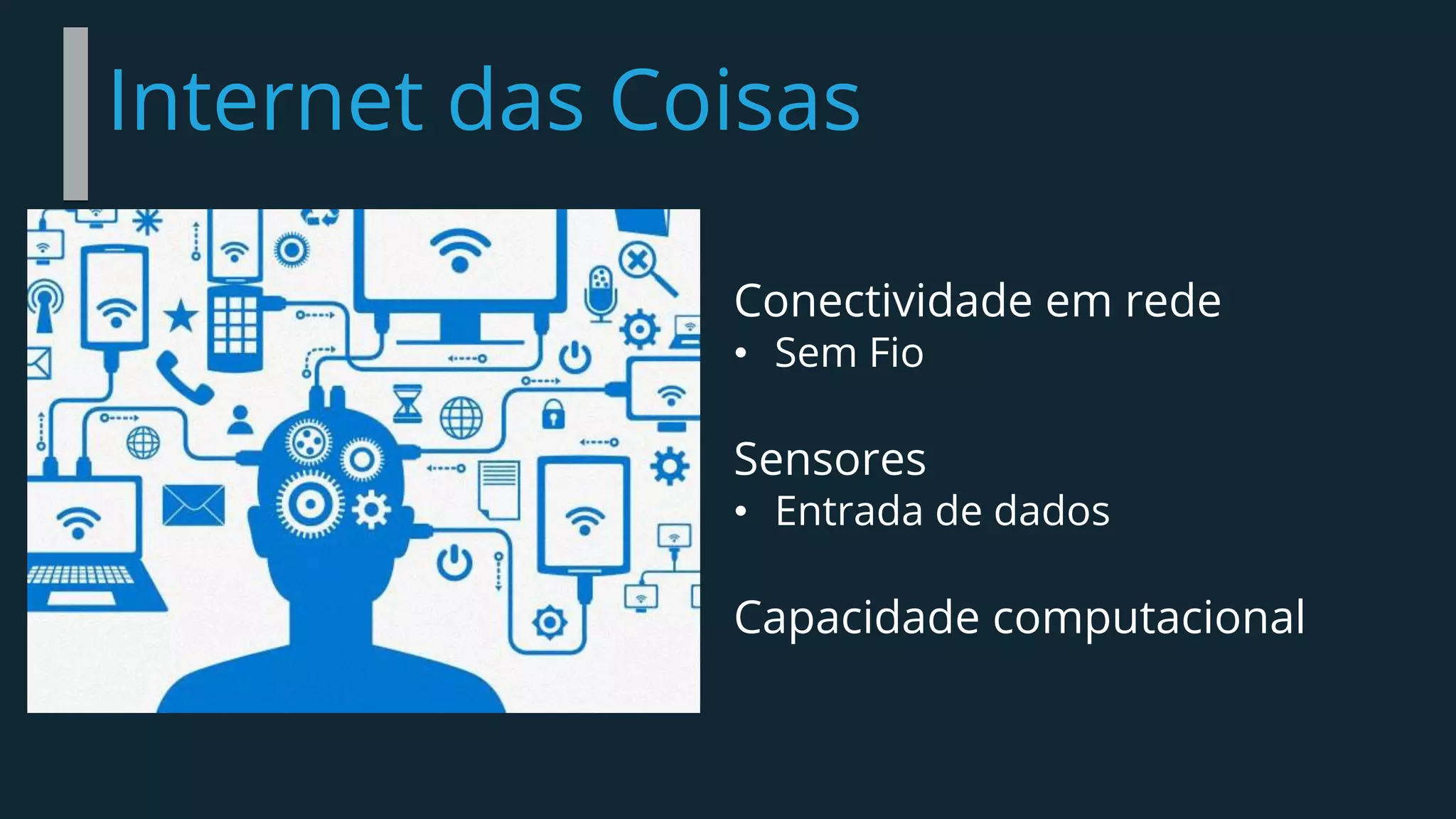 Internet das Coisas
Conectividade em rede
• Sem Fio
Sensores
• Entrada de dados
Capacidade computacional
 