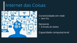 Internet das Coisas
Conectividade em rede
• Sem Fio
Sensores
• Entrada de dados
Capacidade computacional
 