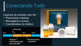 Conectando Tudo
Caixinha de remédio sem fio!
• Prescrições médicas
• Mensagens e avisos
• Coordenadas do médico
 