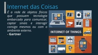 Internet das Coisas
É a rede de objetos físicos
que possuem tecnologia
embarcada para comunicar,
captar sinais e interagir
consigo mesmos ou com o
ambiente externo.
- Gartner
 